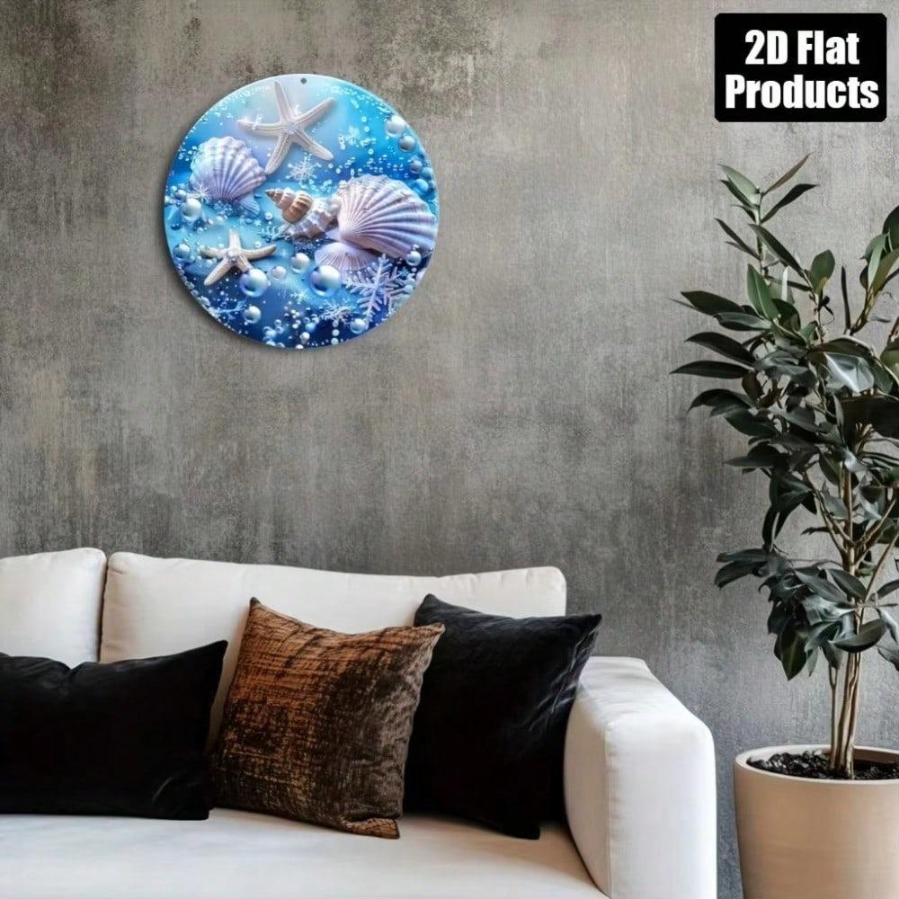 Vintage Ocean Themed Round Metal Wall Decor Starfish Shells Beach Sign Home Office Art