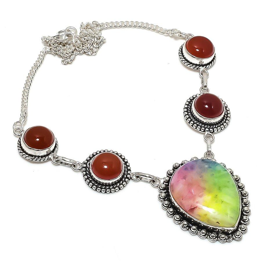Rainbow Solar Quartz, Carnelian Gemstone 925 Sterling Silver Necklace 18"