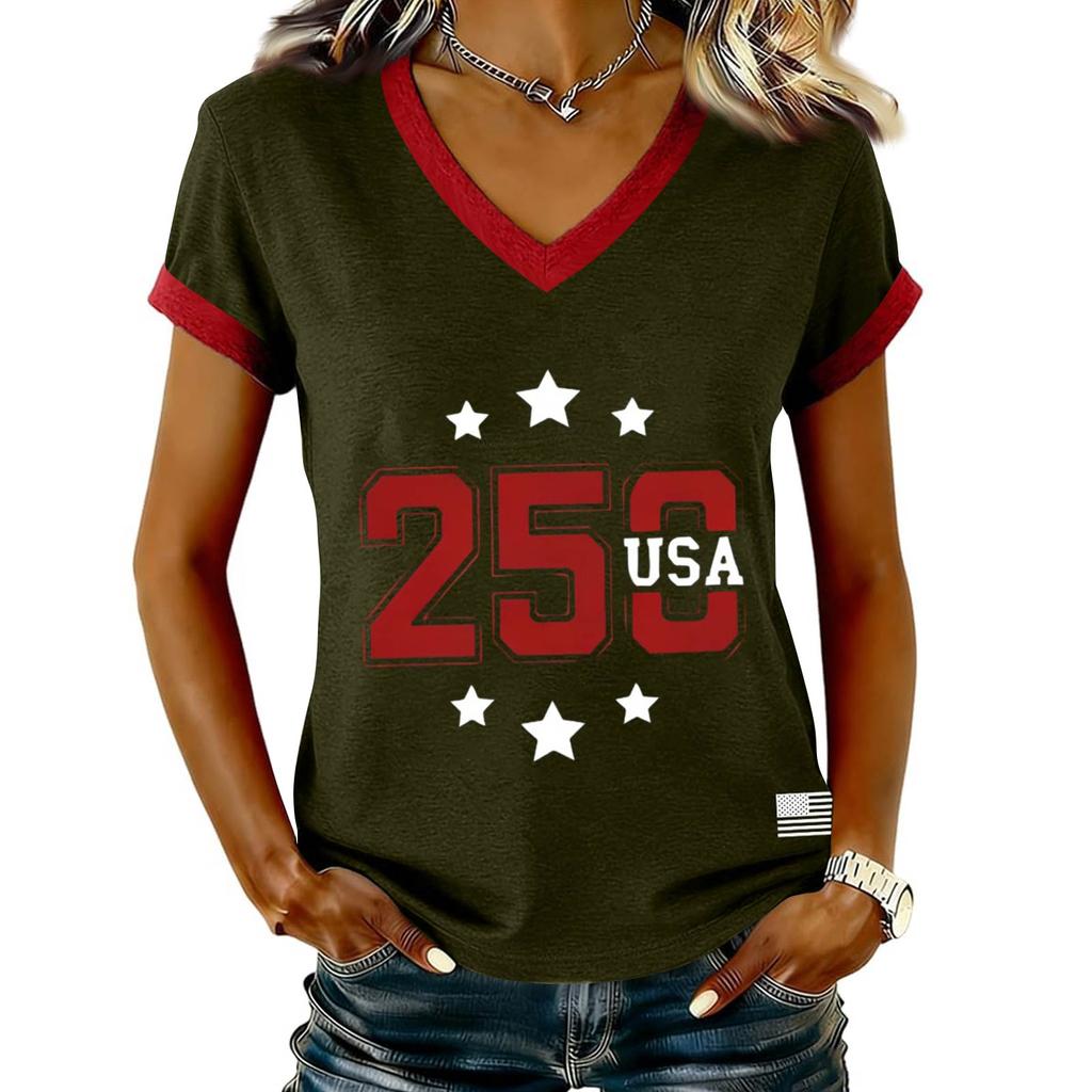 Women's Casual V Neck Short Sleeve Pullover Printed T-Shirt Top