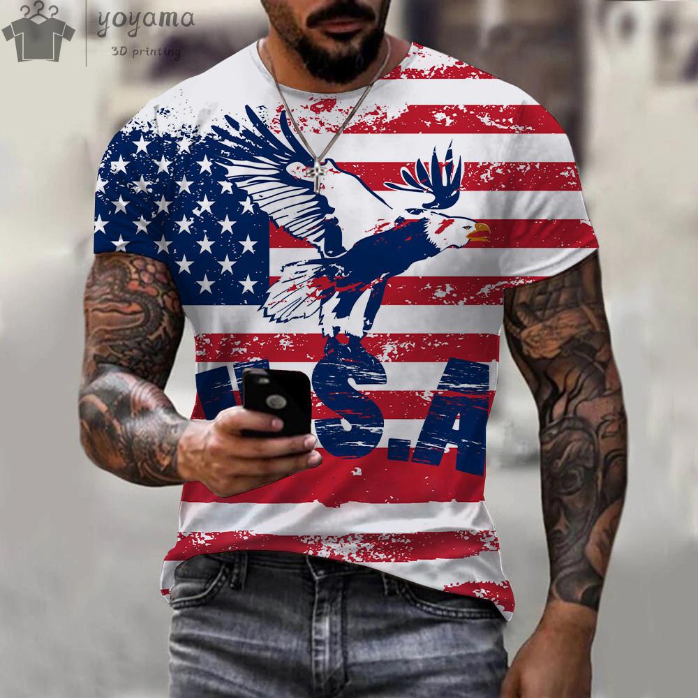 Summer Round Neck 3D American Flag Eagle Graphic Print Top Fashionable Casual Short Sleeved Men's T-shirts