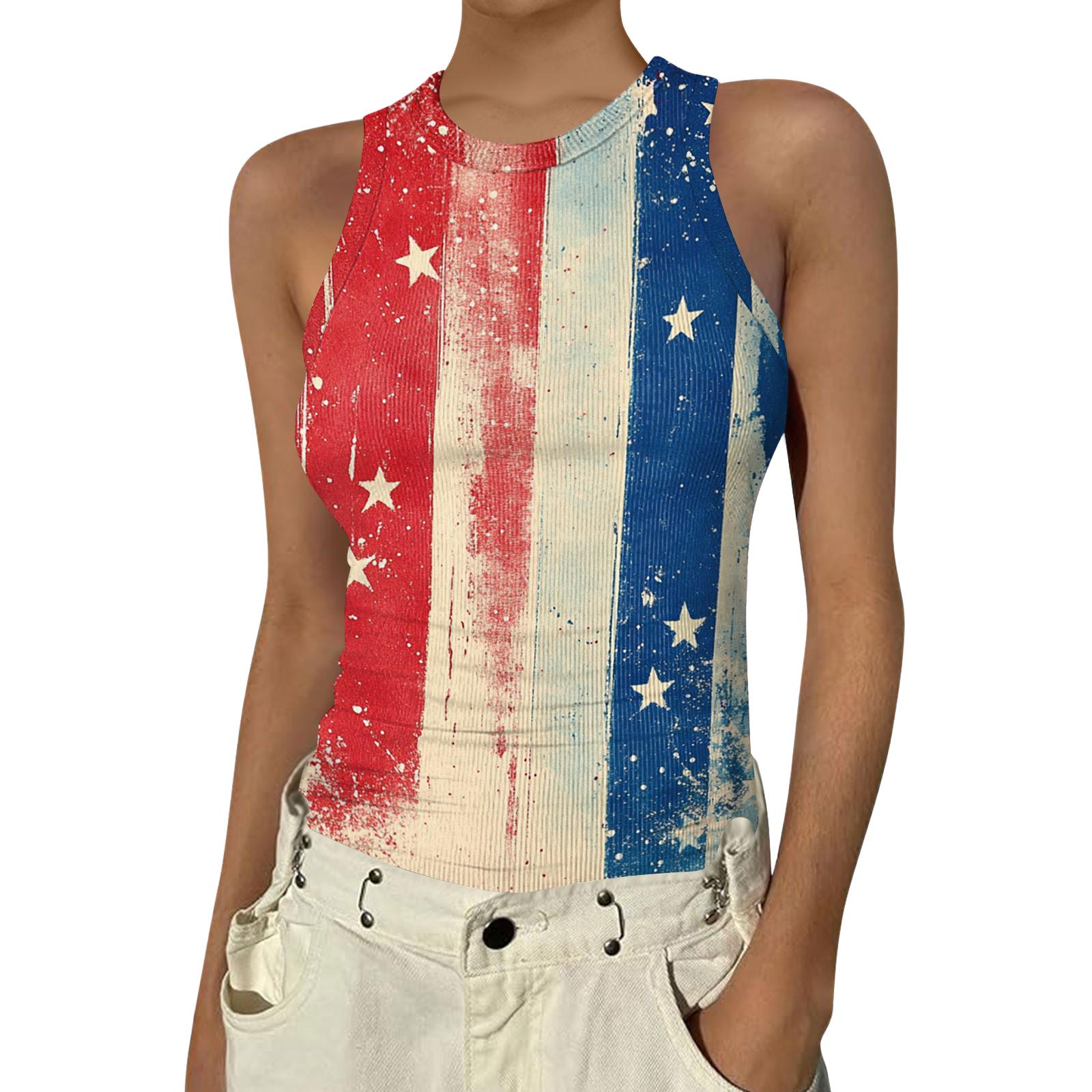 Women s Fashion Round Neck Independence Day Print Sleeveless Vest Top XXL
