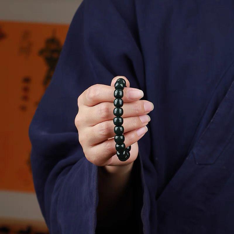 First Grade Xinjiang Hetian Jade Qingyu Bracelet: Handmade Beaded Ancient Style for Men and Women