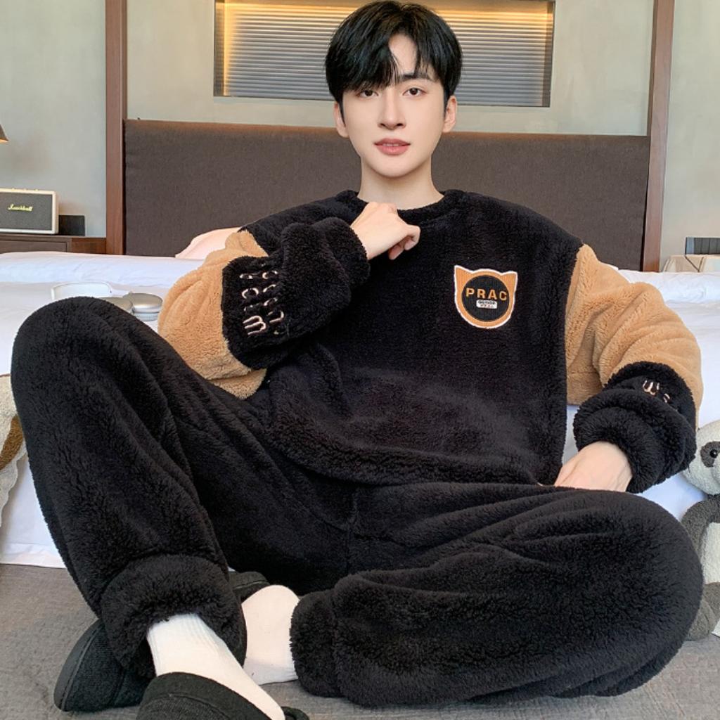 Winter, Coral Fleece, Pajamas, Men's Clothing, Thickened Fleece, Round Neck, Long Sleeved Pants, Suits, Home Clothes