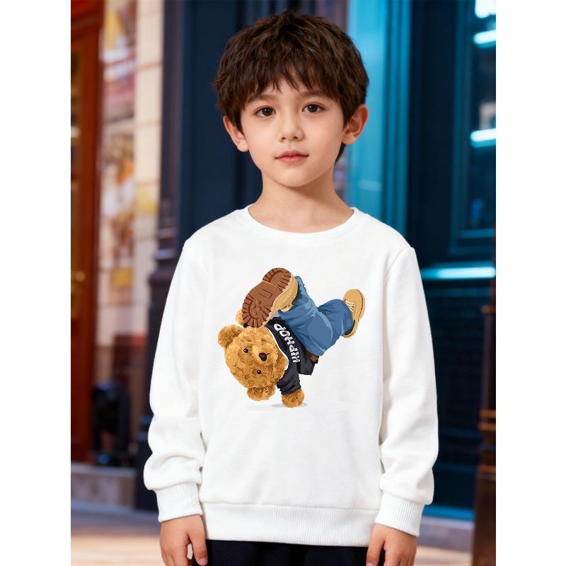 European Sizes Kids' Stylish Round-Neck Pullover, Long-Sleeved Top, Featuring a Cartoon Bear Print, Suitable for Everyday Casual Wear