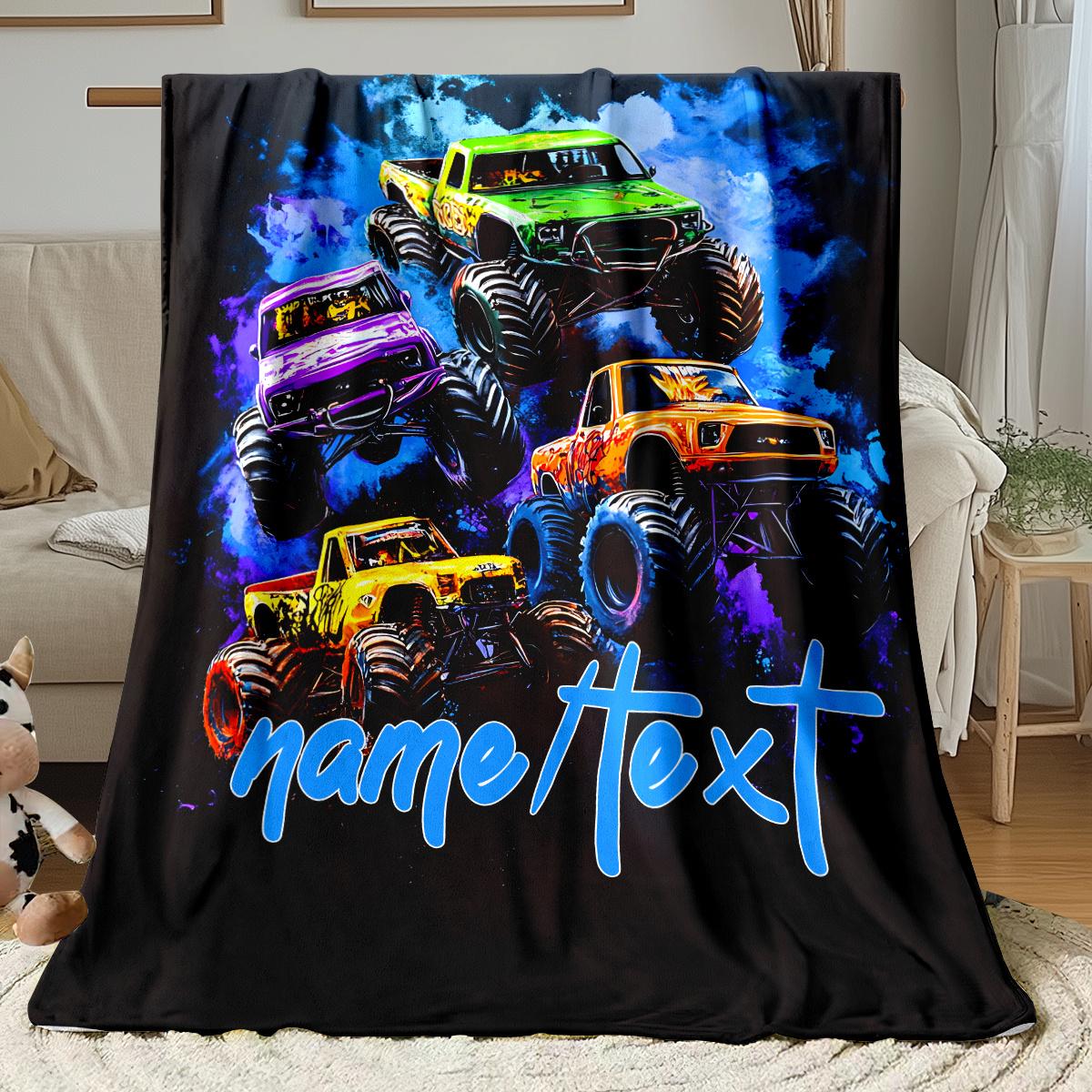 Op Maat Gemaakte Monster Truck Deken Gepersonaliseerde Naam Raceauto Fleece Plaid Kinderen Jongens Cadeau Zacht Warm Alle Seizoenen Beddengoed Decor 130x150cm51x59in