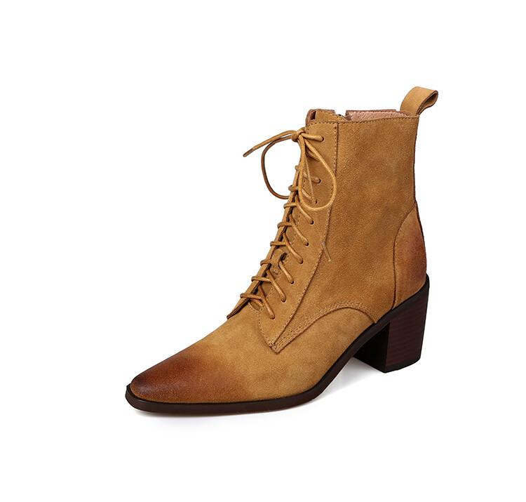 

Модная НОВАЯ Осенняя Обувь Женская Обувь с Острым Носком и Массивным Каблуком для Женщин Ретро Коровья Замша Вестерн Сапоги Лаконичные Короткие Сапоги Женские Коричневая Обувь 34