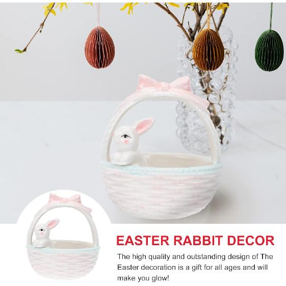 Easter Candy Dish: 1pc Ceramic Bunny Bowl with Handle, Pink Easter Rabbit Home Decor Basket Bunny Candy Bowl, Rabbit Figurine Landscap Ornament for
