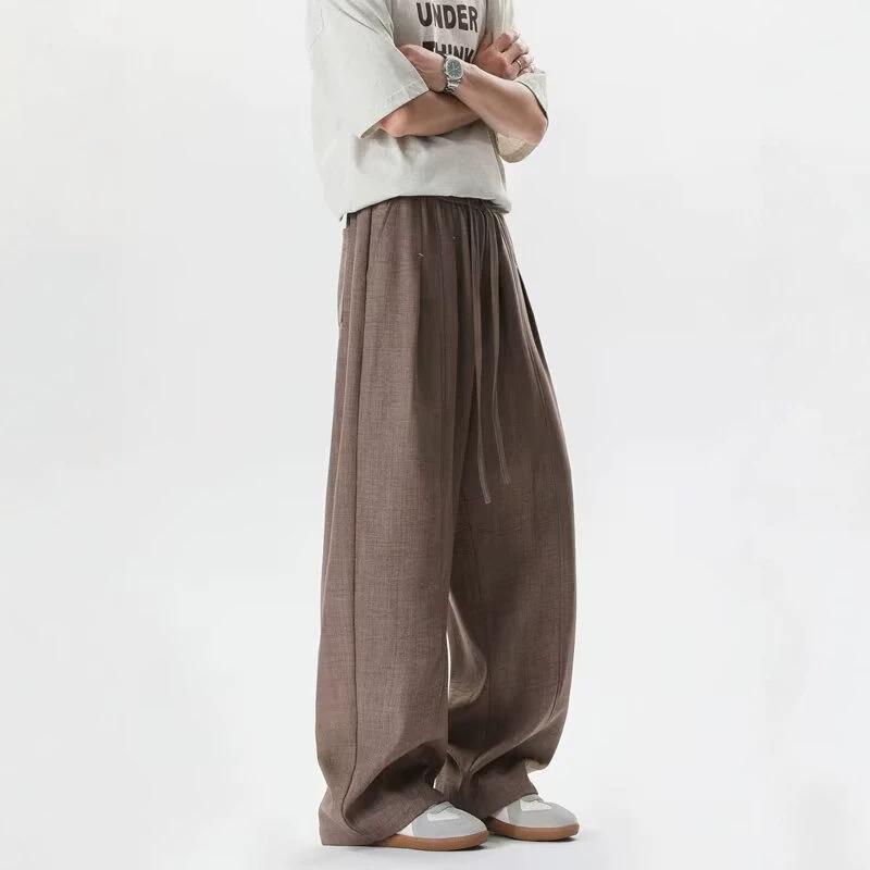 Pleated linen pants men's summer thin breathable drape straight pants teen loose trousers