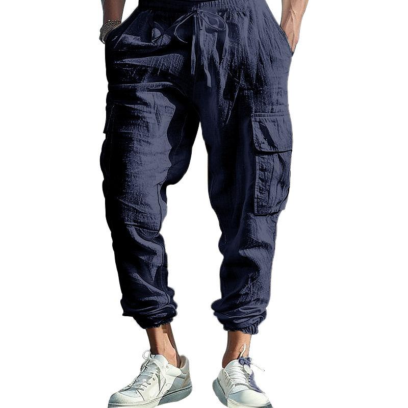 

Men s Cotton Linen Cargo Pants Male Spring and Autumn Breathable Solid Color Multiple Pockets Trousers Fitness Streetwear S-3XL 3XL темно-синього кольору