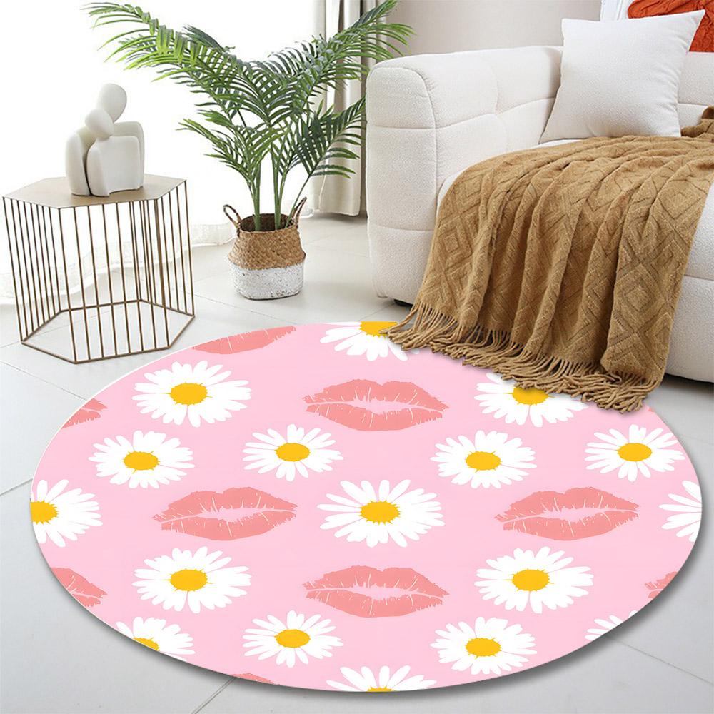 Pink Background with Daisies and Lips Print Round Rug, Living Room, Bedroom, Playroom Carpet, Non Slip Floor Mat, Gift