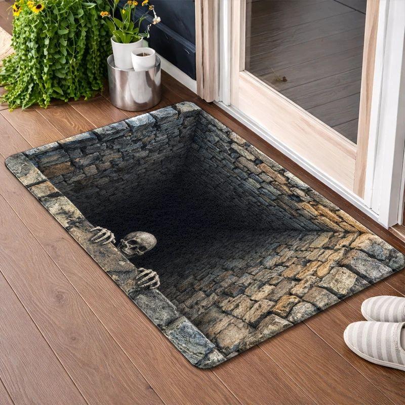 Halloween Trick Skeleton Stone Pit 3D Optical Illusion Flat Entry Mat Non Slip Absorbent Rug Party Bedroom Holiday Decor