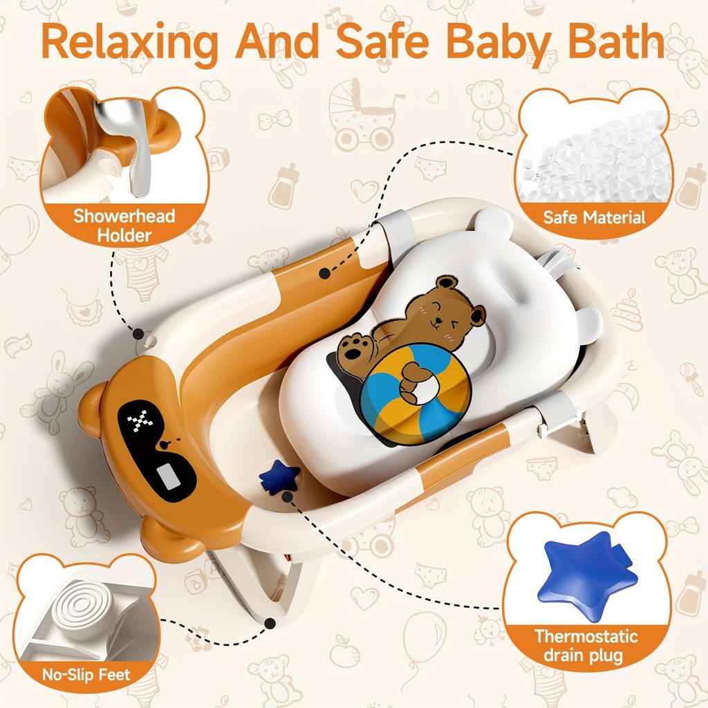 Collapsible Bathtub, Foldable Bathtub With Soft Cushion And Thermometer, Portable Travel Bathtub, Durable Bath Tub With No-Slip Feet