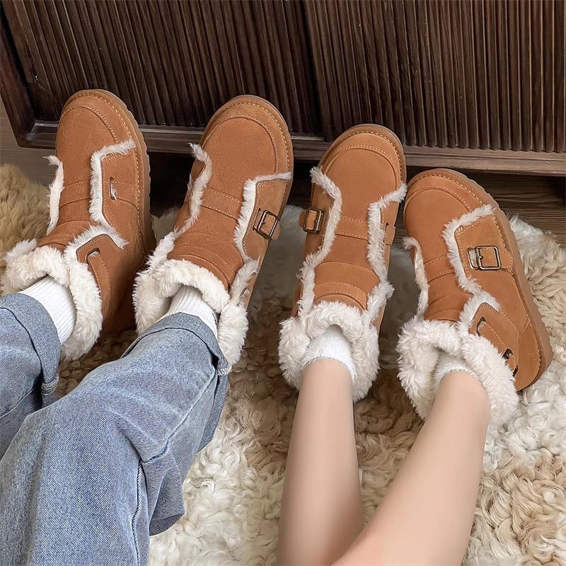 Pälsintegrerade snöstövlar damspänne vinterhög förtjockad överflödande bomullsskor tid