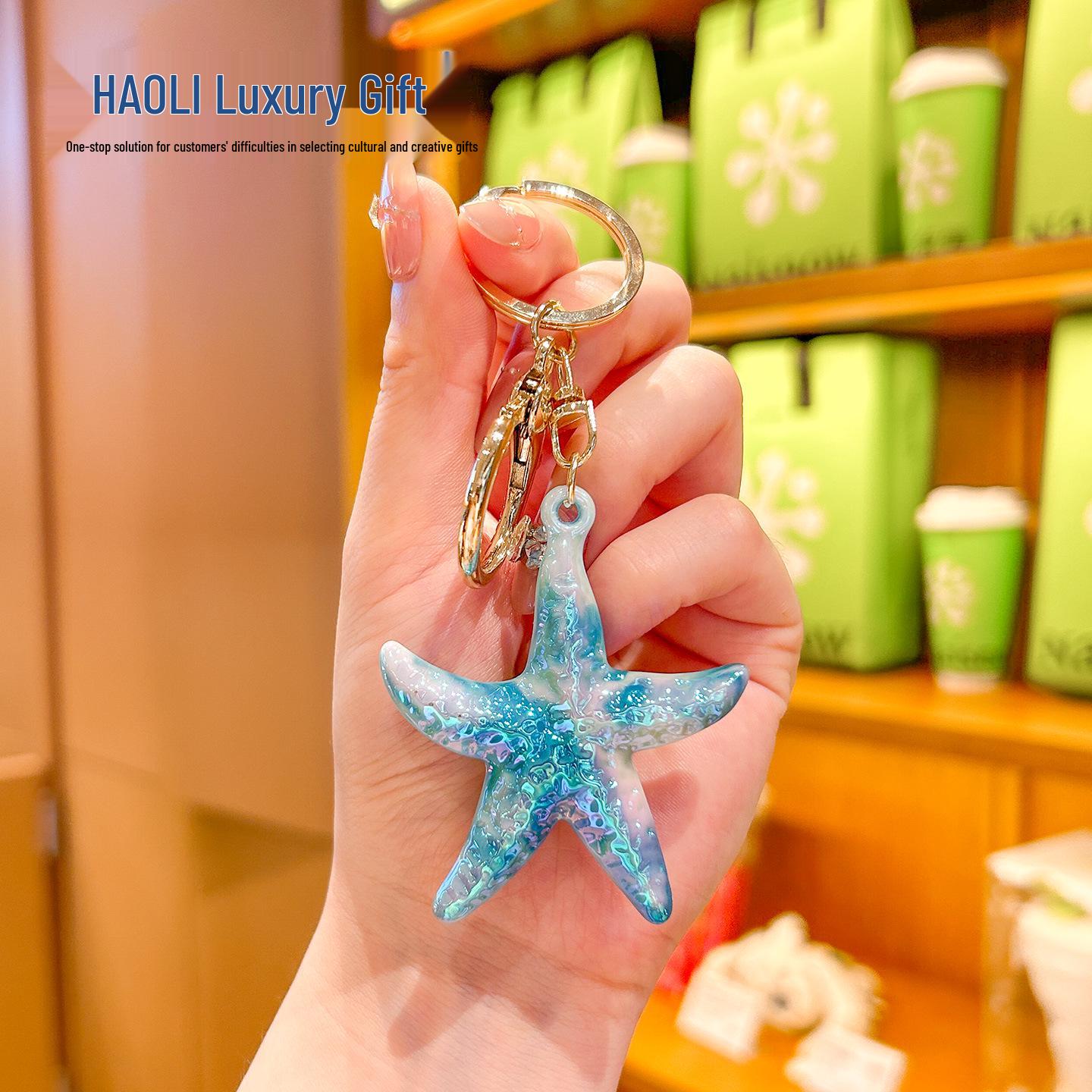 Dreamy Pearlescent Iridescent Starfish Keychain for Backpack or Bag - Couple Pendant Souvenir