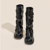 Soft Leather~ Wasteland Wind Boots Women's Black Vintage Pleated Pile Boots Martin Boots Belt Buckle Medium Pants Tube Boots Tide