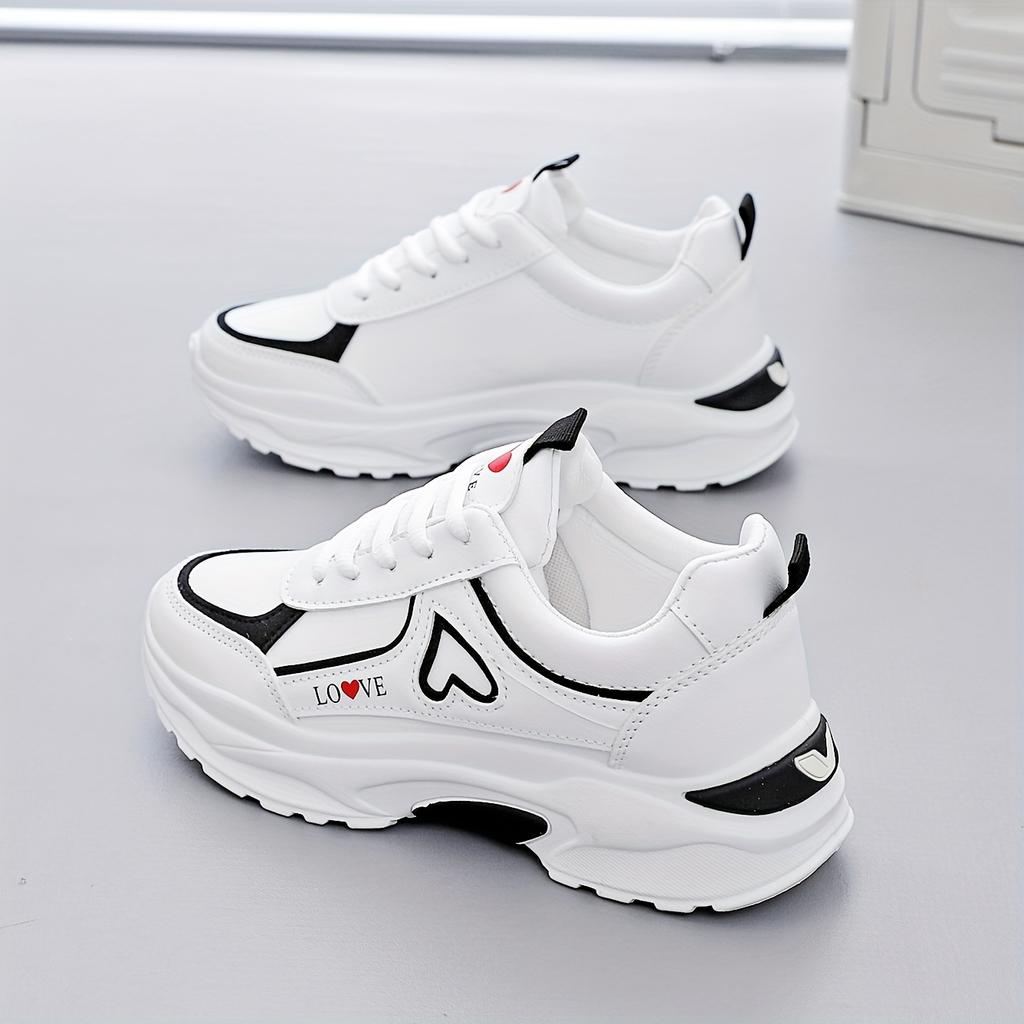 Women's Breathable Mesh & Synthetic Low-Top Sneakers | 2025 White & Black Casual Running Shoes with Red Heart Accent, Round Toe Design, TPU Sole