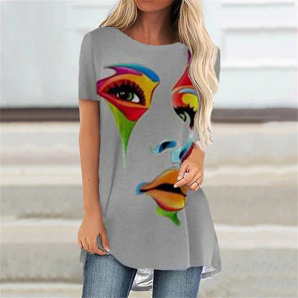 Fashion Cartoon Portrait 3D Print Women T-shirt With O Neck White Short Sleeve Women Clothes Leisure Summer Tops Pullover