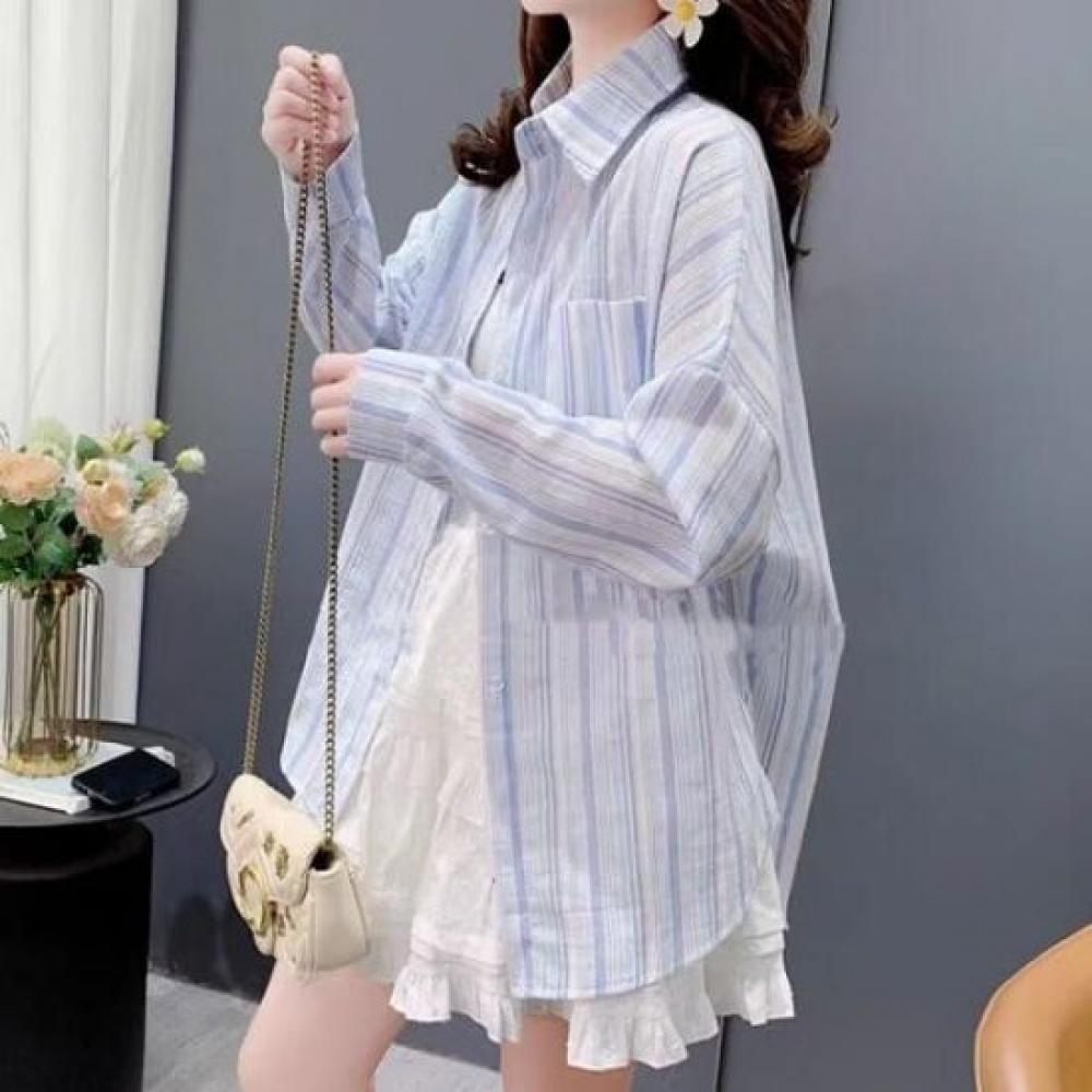Navava Women Seersucker Stripe Long Sleeve Shirt Nb2656