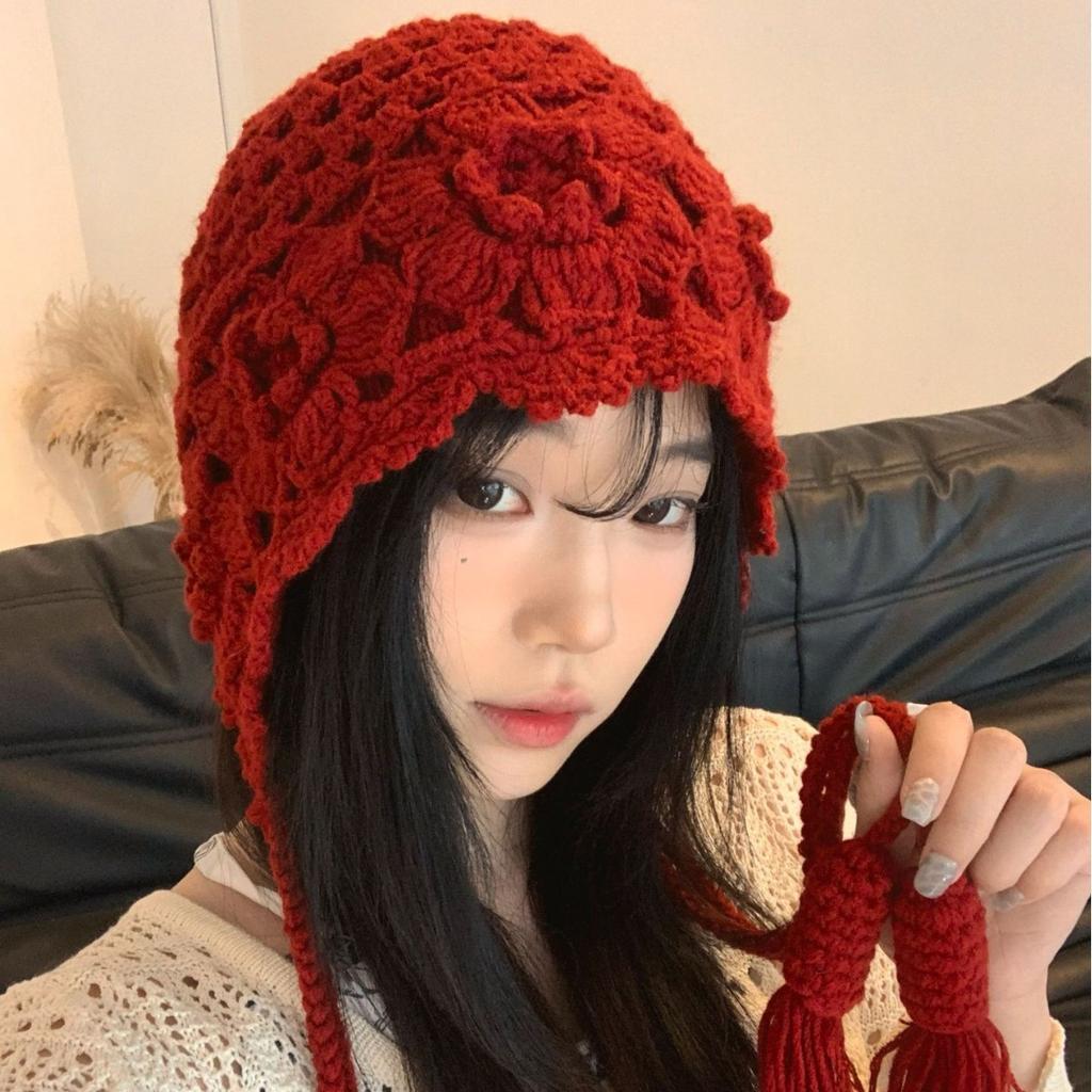 Ethnisch Stil Handgefertigt Hakenblume Hut für Damen im Herbst und Winter Retro Blumen Hohl Gestrickter Hut für Reise Foto Pullover Wollhut