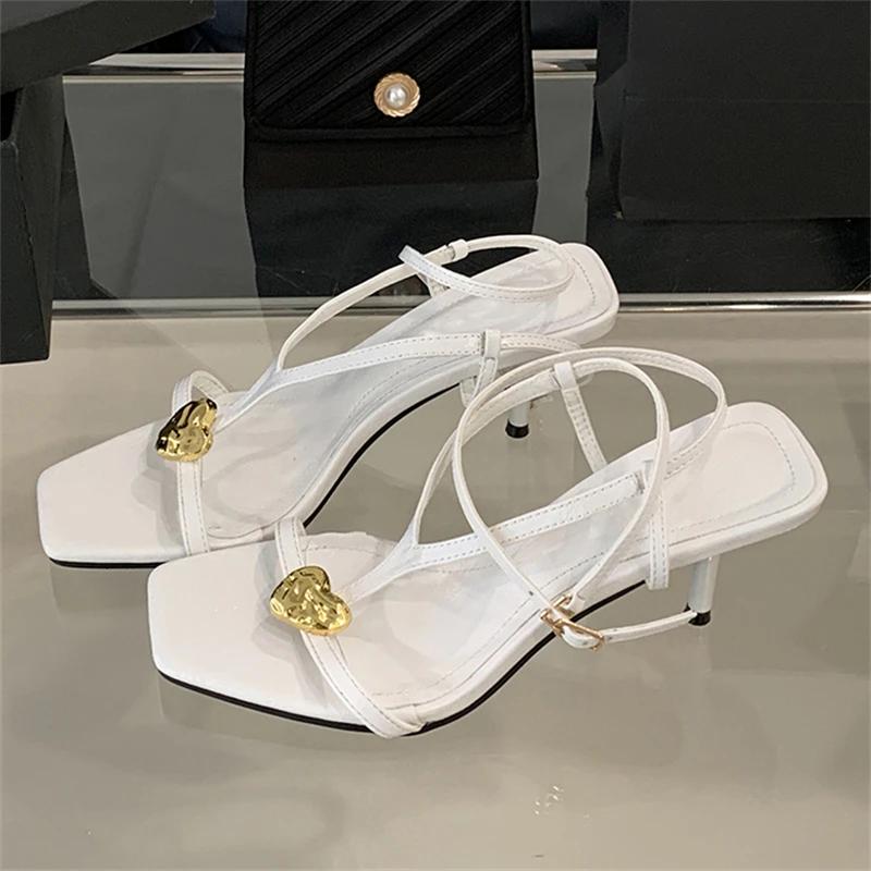 Fashion Women Sandals Summer Metal Buckle Narrow Band High Heel Sandals Shoes for Women Band Open Toe Thin Gladiator Party Shoes Zapatos