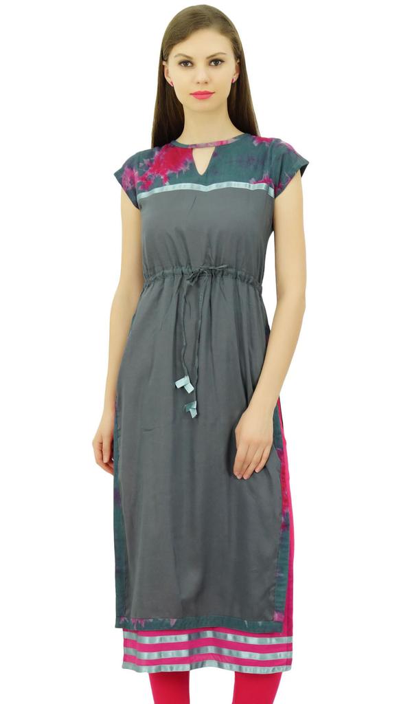 Bimba Women's Indian Kurti Cap Sleeve Double Layer Straight Kurta With Drawstring