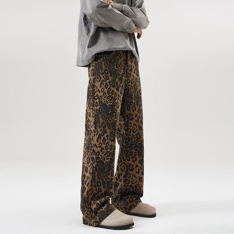 

Новый весенне-осенний стиль джинсы с леопардовым принтом мужские свободные прямые А-силуэта широкие брюки кэжуал 3XL