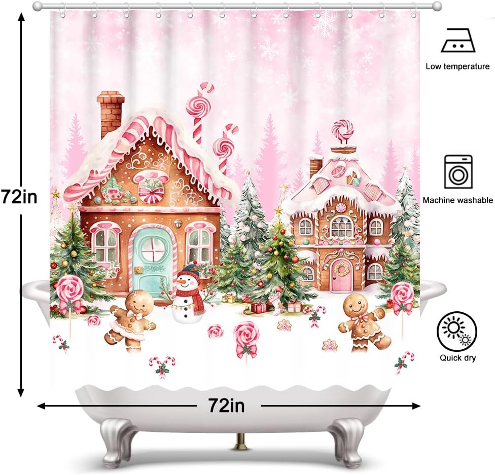 Christmas Pink Gingerbread House Shower Curtain Pink Candy House Home Bathroom Decorations Snowy Winter Christmas Trees