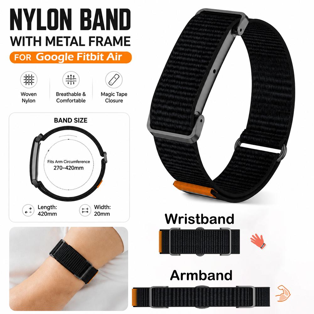 Wristband + Armband Combo Set For Google Fitbit Air Breathable Lightweight Nylon Strap With Metal Frame For Google Fitbit Air