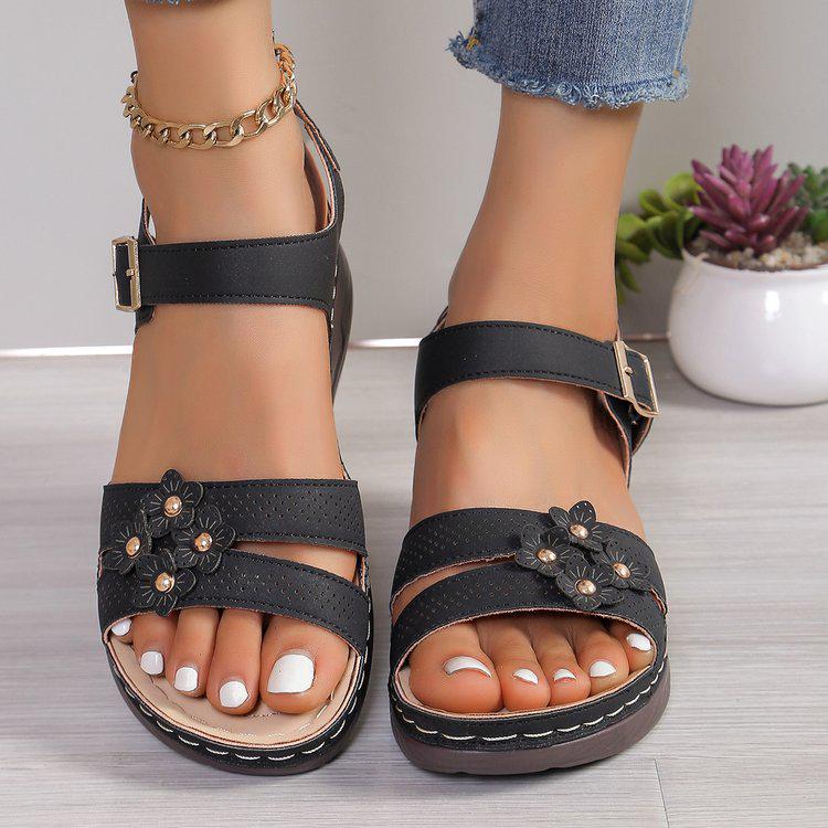 2024 Summer Plus Size Women's Wedge Sandals with Hollow Flower Design and Thick Sole.