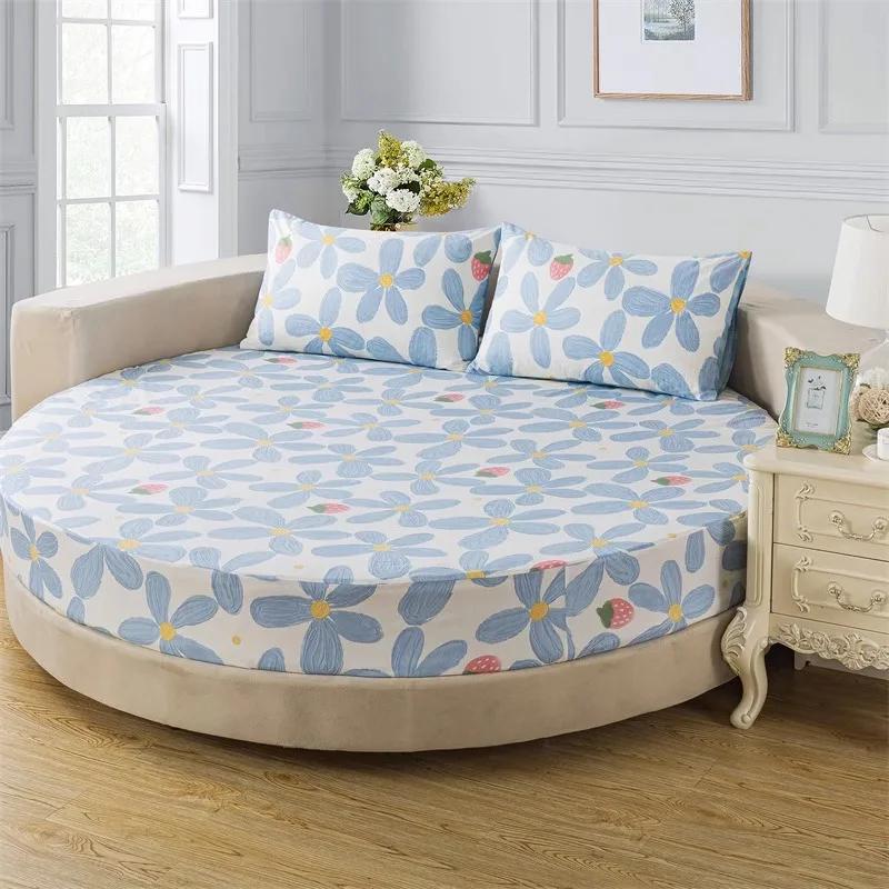 3 Pezzi Lenzuolo con Angoli in Cotone con Elastici Biancheria da Letto per Coprimaterasso Rotondo Tinta Unita Misura Queen Copriletto con Federa
