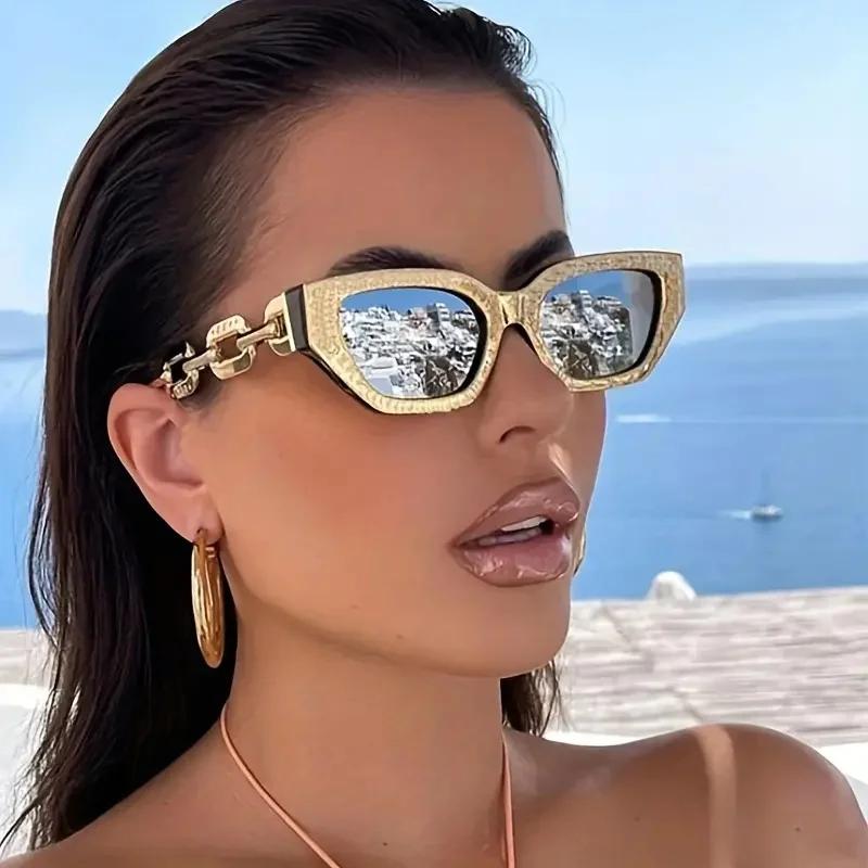Occhiali da Sole Moda Cat Eye Per Donne Uomini Lente a Specchio Catena Ciondolo Occhiali Per Festa Estiva in Spiaggia