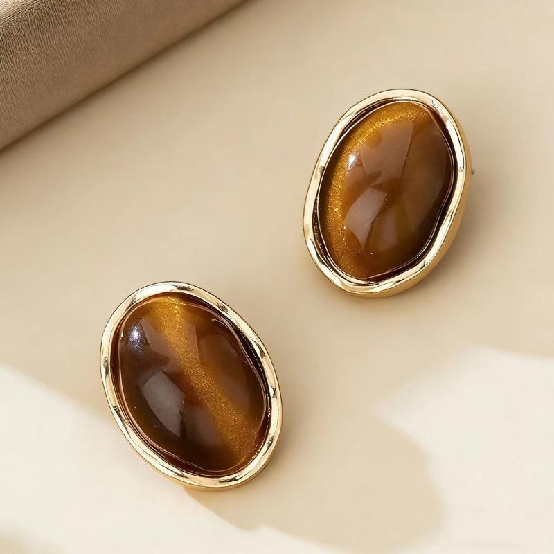 Gold Plated Wavy Bezel Oval Tiger Eye Matching Necklace & Stud Earrings Jewelry Set