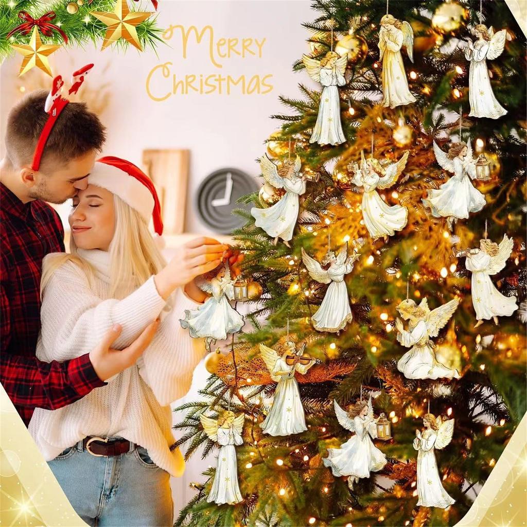 2D 12 Piece Set Of Victorians Angel Wooden Decoration Set, Traditional Holiday Home Window Decoration