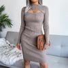 Women Fall Winter Sexy Hollow Out Solid Color Long Sleeve Knit Slim Chic Dress S-L