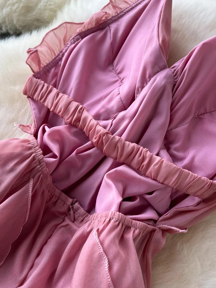 Summer Solid Sweet Vacation Long Dress Women Halter Lace Up Zipper Design Dress Female Sexy Backless Ruffles Beach Ball Gown New