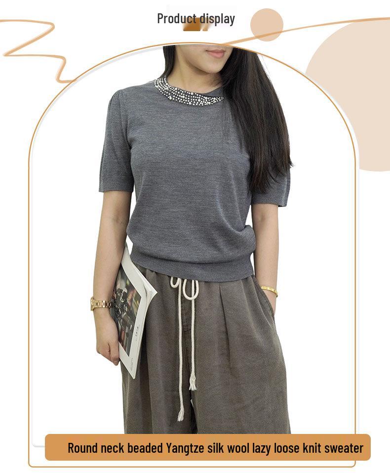 Yangtze Fine Spun Wool Beaded Short Sleeve Knitwear - Light Luxury Slimming Round Neck Tee