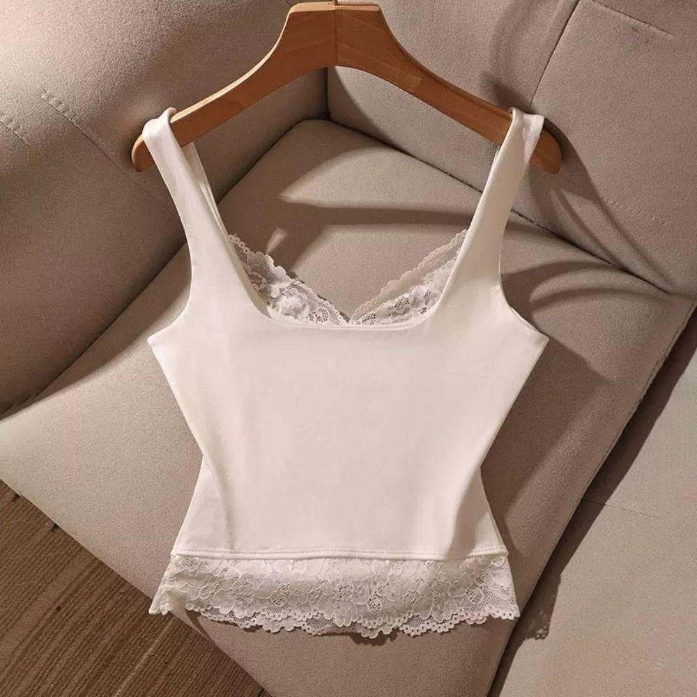 Patchwork Girl's Vest Top Sleeveless Spaghetti Y2k Top Ins Style Lace Sling Tank Party