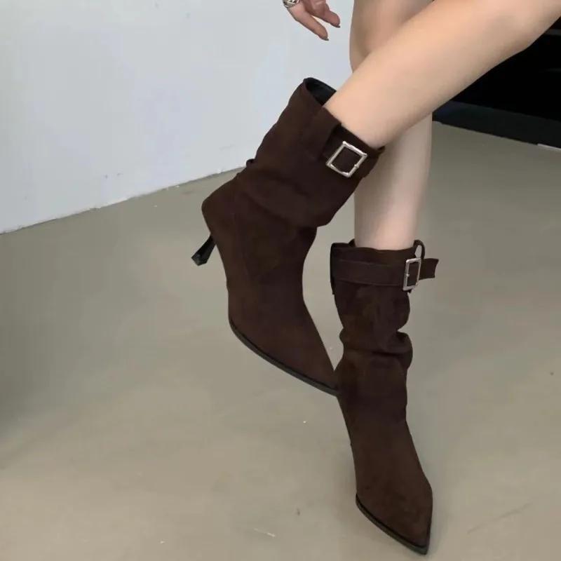 Fashion Women Sexy Pointed Toe Mid-Calf Boots 2024 High Quality Ladies Shoes Slip-on Women's Boots Fashion Belt Buckle Modern Boots