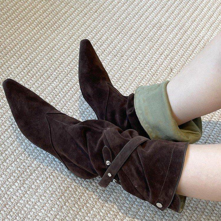 Sheepskin Version~ Korean Version Pointed Head Thick Heel Western Cowboy Boots Women's Autumn and Winter Leather Thick-soled Wide Tube Stacking