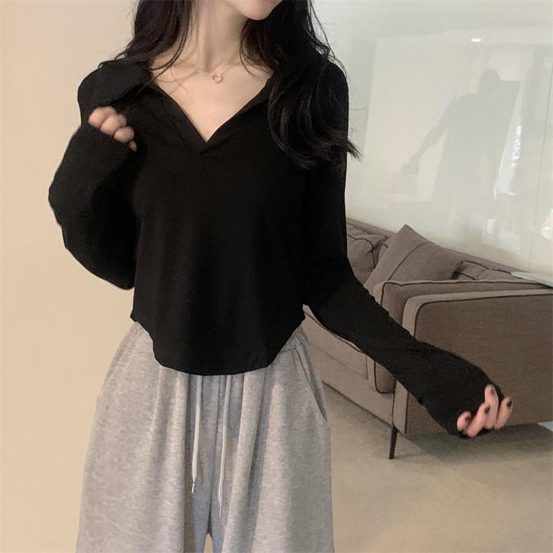 

Белая футболка с V-образным вырезом и длинными рукавами женская новая для ранней осени, облегающая, для ношения под низ с коротким низом, студенческий топ, тренд XL