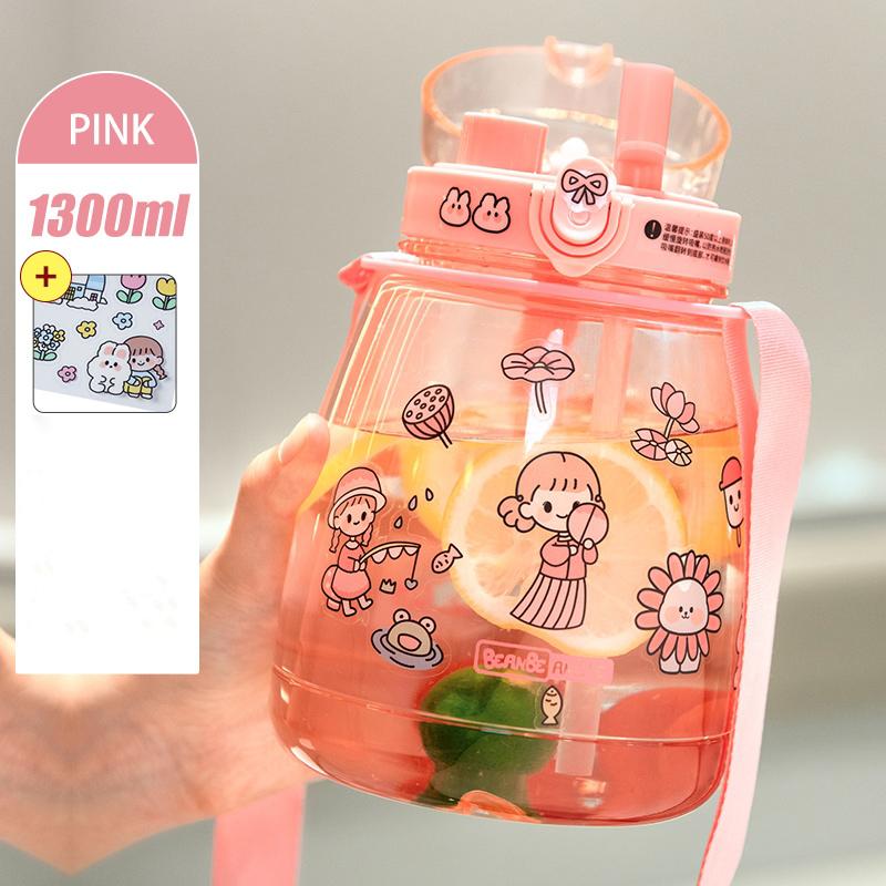 1.3L Pot Pot Cup Children's Straw Cup Adult Universal Plastic Water Bottle Portable Travel Bottle Large Capacity Lovely