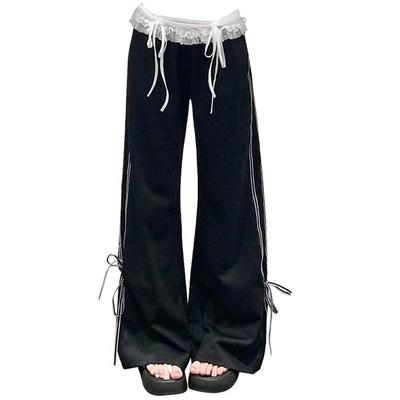 Women's American Retro Sports Casual Lace Trousers - Loose, Slim, Versatile, Trendy Autumn Fake Two-Piece Design