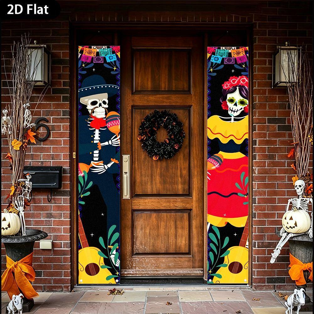 2D Flat, 2D Flat 2pcs Banner, Day of the Dead Themed Porch Couplet Banner, 11.8*70.8 Inches / 30*180cm, Costumed Skeleton with Guitar and Maracas Penn