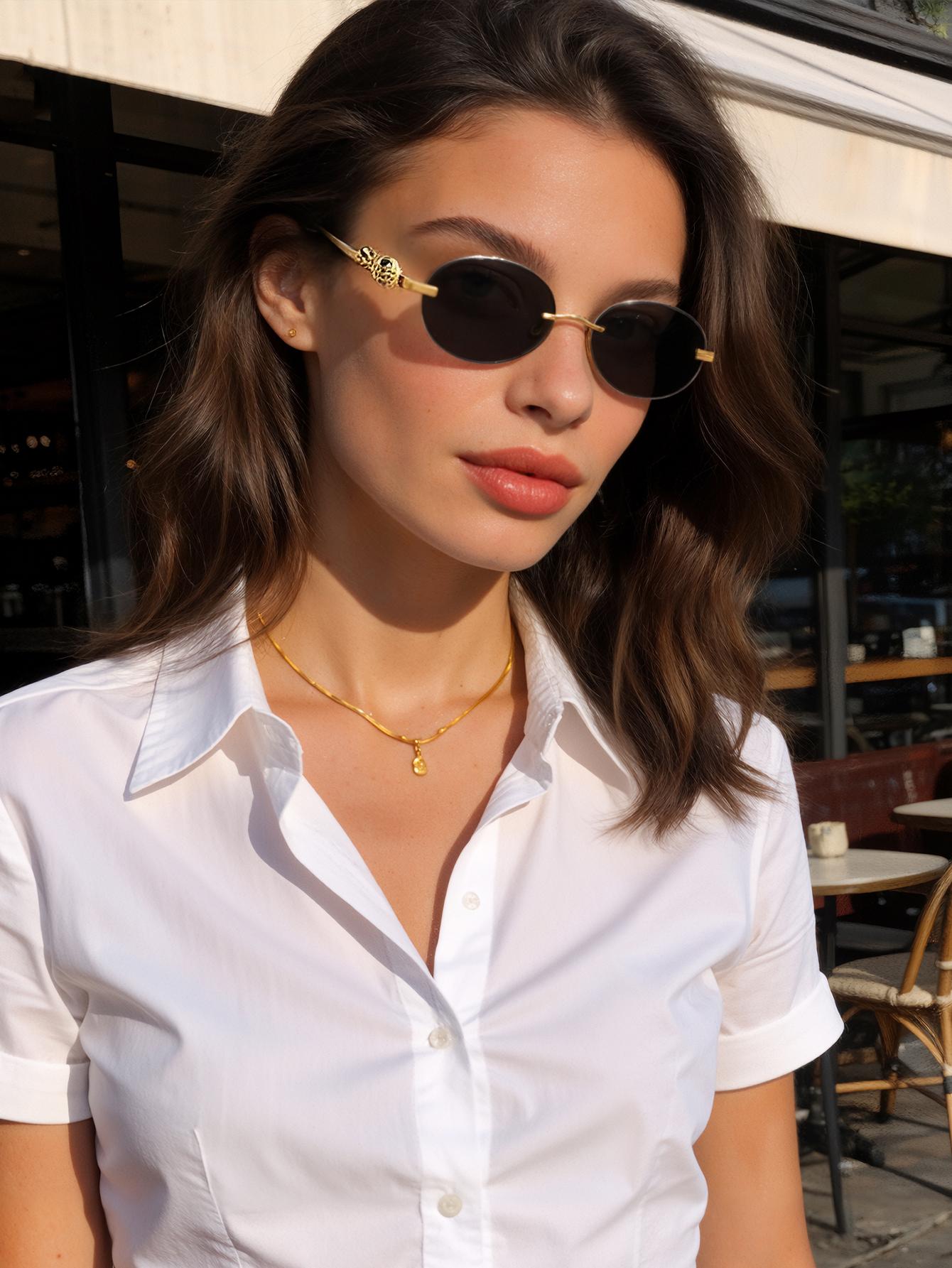 

Fashionable Oval Frameless Design Glasses European Style Unique Personality Suitable for Daily Wear Street Photography серый