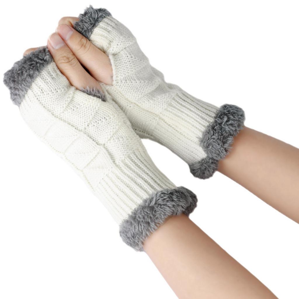 Women's Winter Fleece-lined Thickened Wool Gloves, Fingerless, Solid Color, Short Style Gloves