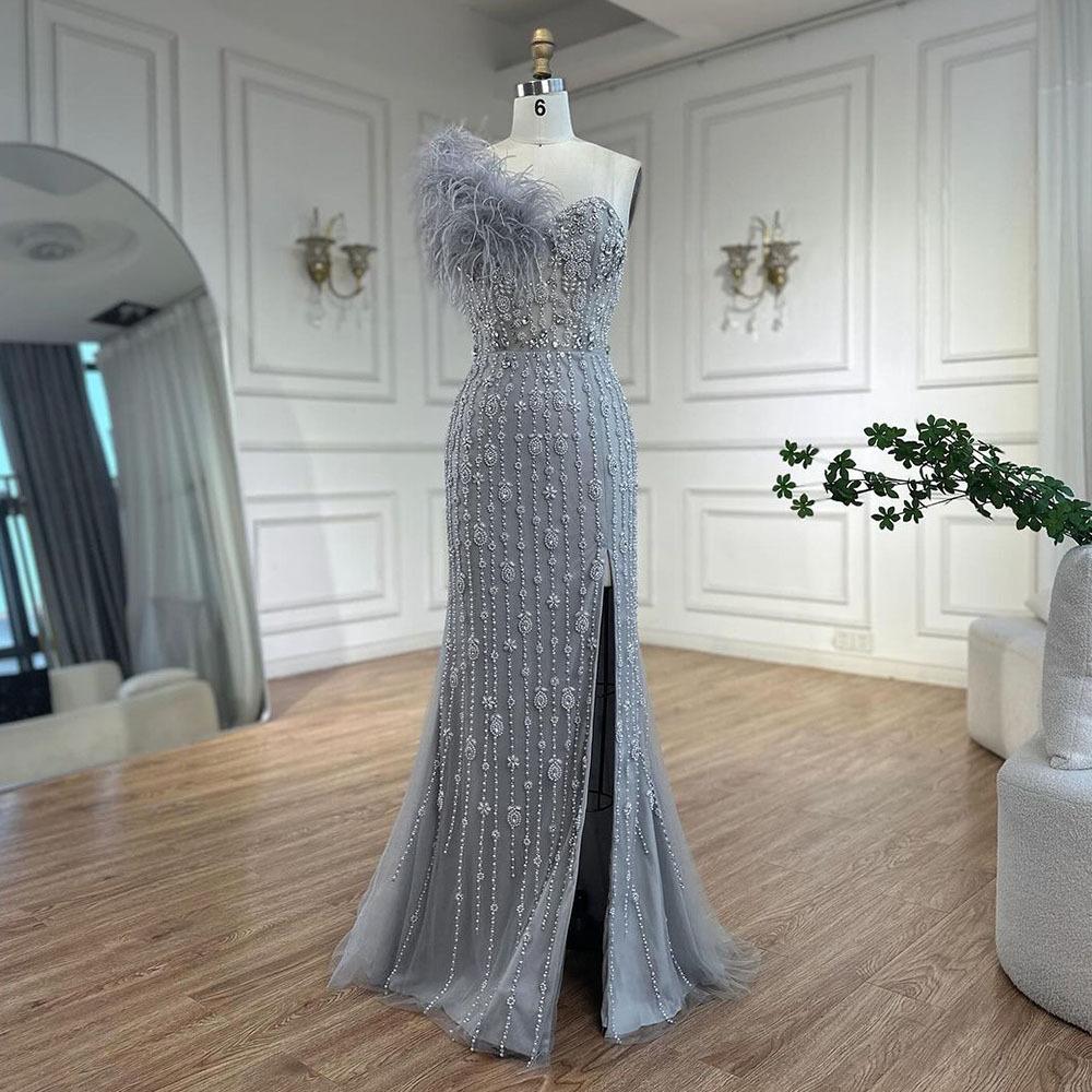 Grey sexy feather one-shoulder evening dress socialite host banquet performance fishtail dress LA11111