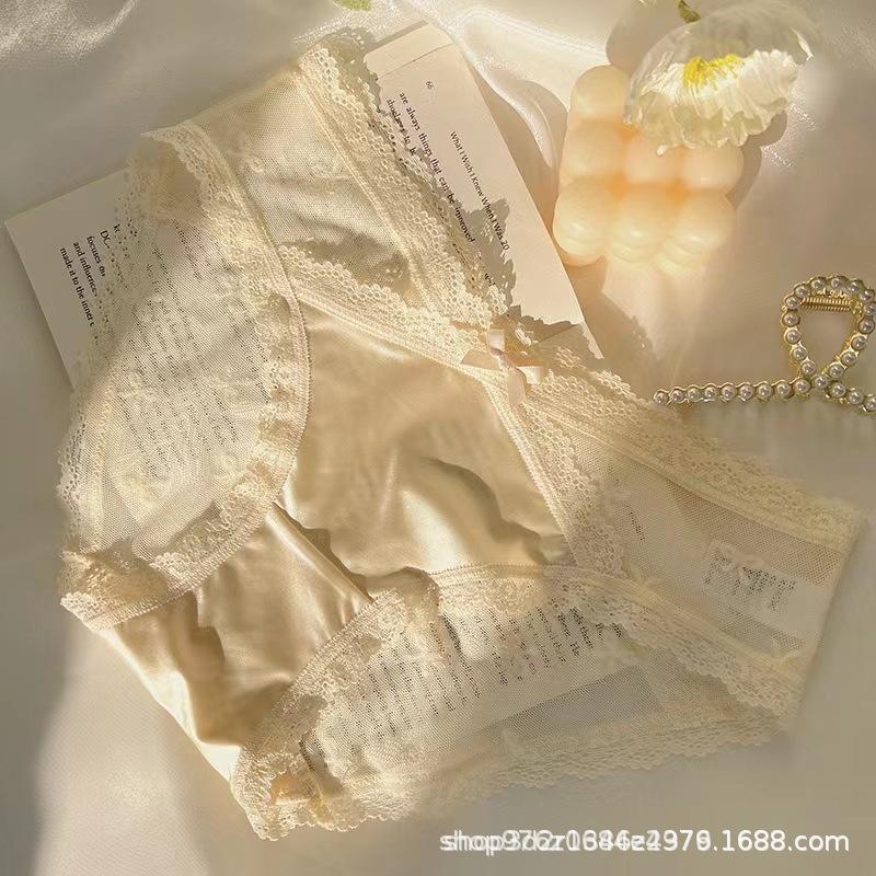 Pure Desire French Sexy Satin Lace Panties for Women Low-Waisted Breathable Pure Cotton Crotch Triangle Panties