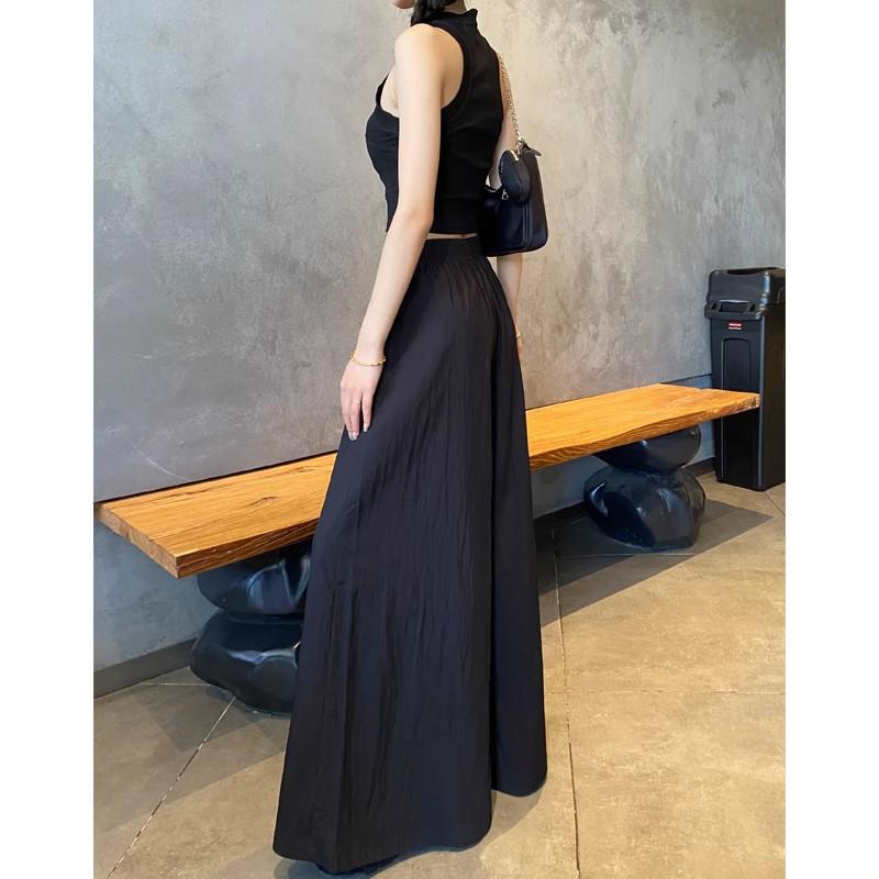 Women's Black High Waist Ice Silk Wide-Leg Skirt Pants