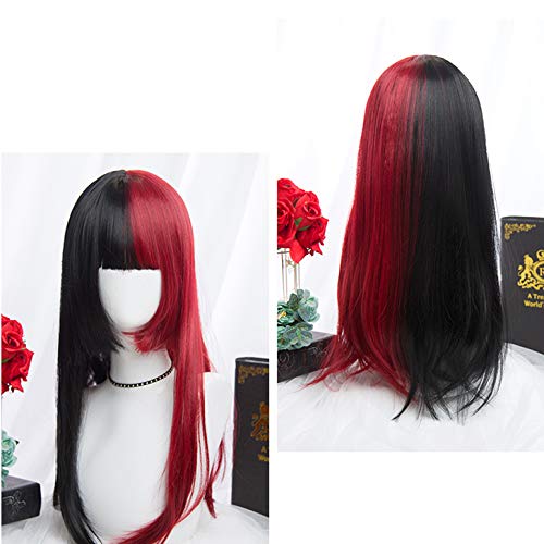 Harajuku-style GAL-kei women's full wig, long, straight, black, red, and double-colored, Lolita style.
