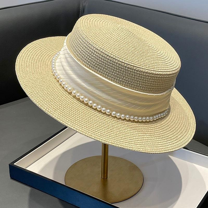Hyunya Wind Colored Wood Beads Straw Hat Women's Summer Big Brim Straw Bucket Hat Foldable Seaside Sunshade Sunscreen Hat